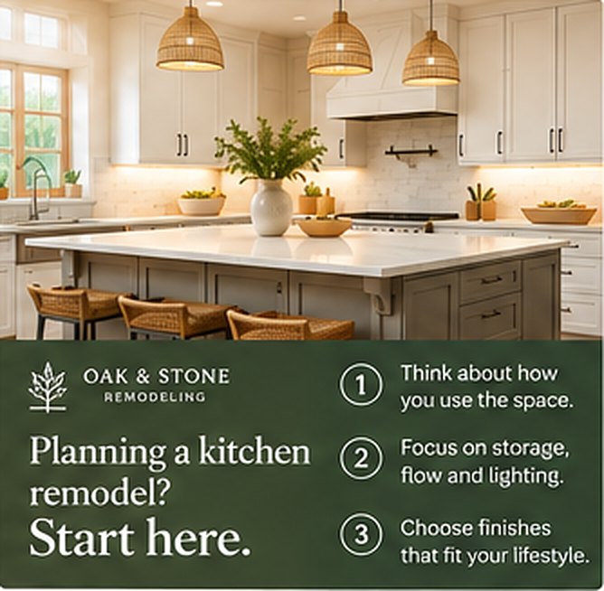 Oak & Stone Remodeling post: a bright remodeled kitchen with the headline “Planning a kitchen remodel? Start here.” and three tips — think about how you use the space; focus on storage, flow and lighting; choose finishes that fit your lifestyle.