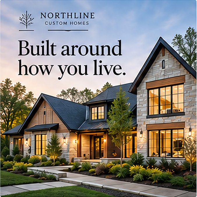 Northline Custom Homes post: a stone and timber custom home at dusk with the headline “Built around how you live.”