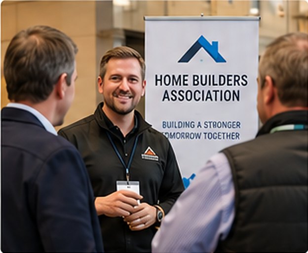 Summit Exteriors post: a team member talking with two people in front of a Home Builders Association banner.